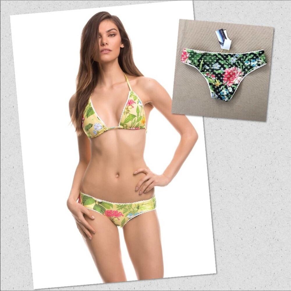 Isabella Rose NWT Swimsuit Reversible Black Yellow Bikini Floral Design